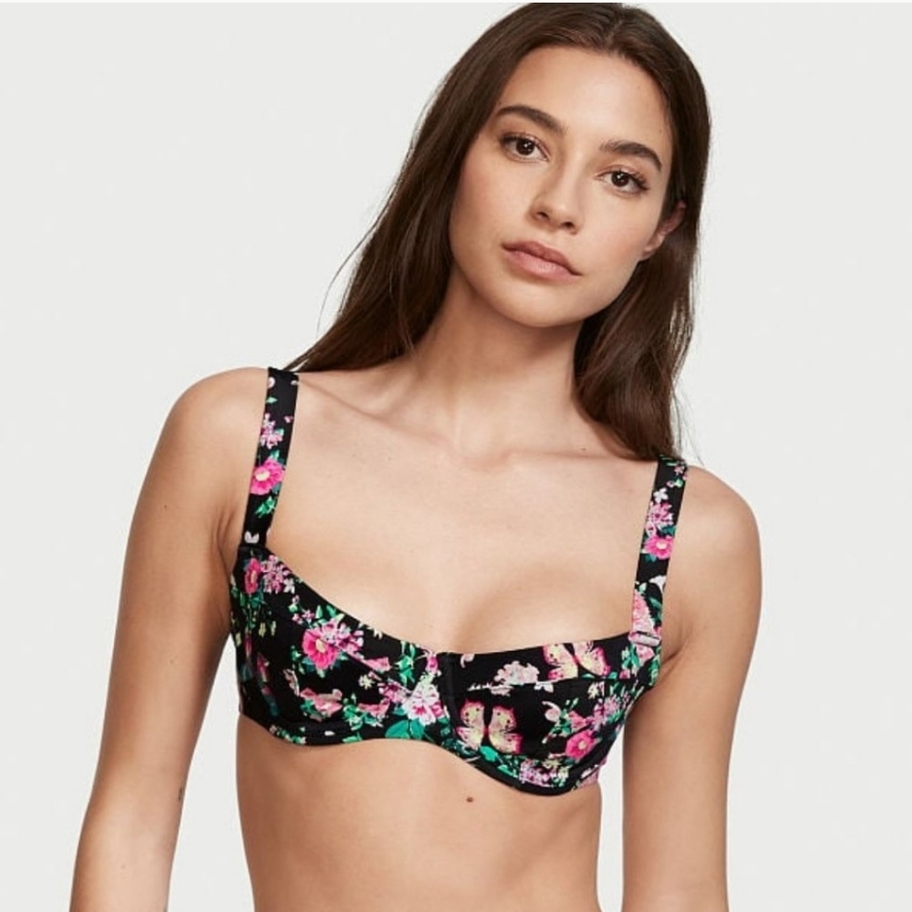 Victoria's Secret Wicked Essential Full-Coverage Swim Top Black Floral 34C NWT